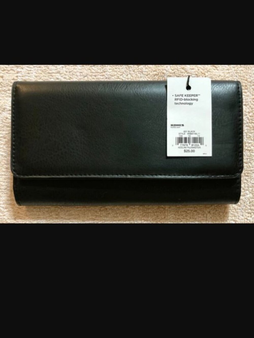NWT Women RFID-Blocking Black Fold Over Clutch Wallet Faux Leather Khols Keelan